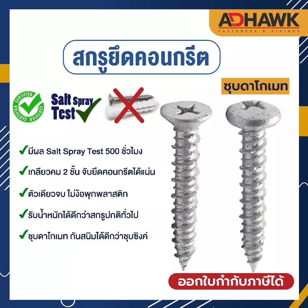 สกรูยึดคอนกรีต ชุบดาโกเมท สกรูคอนกรีต หัว PH ,FH ขนาด M4 M5 แพ็ก 50 ตัว