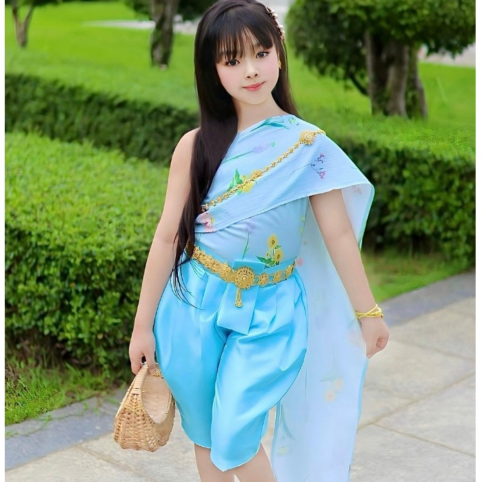 [2832-EB] ❝สีฟ้า/สีชมพู/สีม่วง❞ ชุดไทยเด็กหญิง ชุดผ้าไทย ชุดโจงกระเบน ชุดสงกรานต์ สไบลายดอก สีสดใส