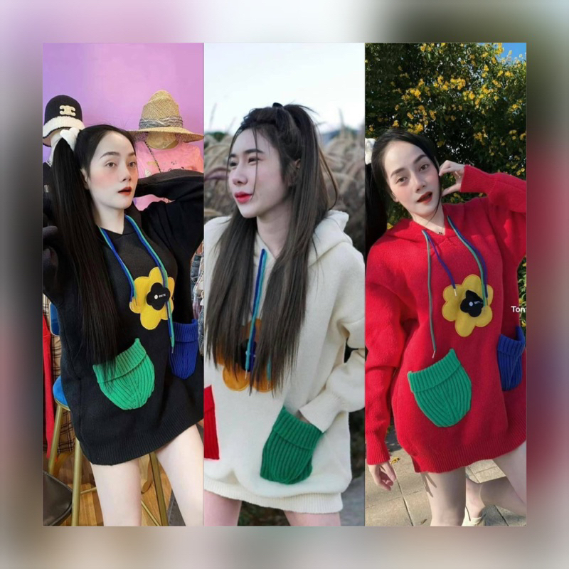 เสื้อฮูดไหมพรหมเเขนยาวโอเวอร์ไซส์ลายน่ารัก ฟรีไซส์ อก 44” -54”นิ้ว ยาว 29 ” นิ้วน่ารักมาก