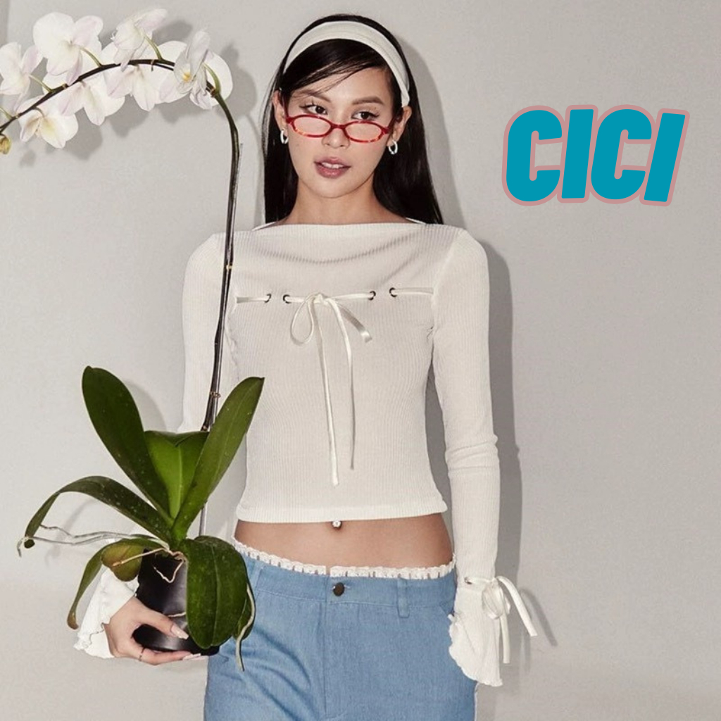 ส่งทันที Cici(NO. H9313)เสื้อครอปท็อปแขนยาว ผ้ายืด ปลายแขนบาน ดีเทลเชือกผูกโบว์ สายแฟชั่นห้ามพลาด