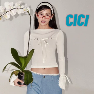 ส่งทันที Cici(NO. H9313)เสื้อครอปท็อปแขนยาว ผ้ายืด ปลายแขนบาน ดีเทลเชือกผูกโบว์ สายแฟชั่นห้ามพลาด