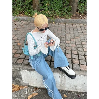 ส่งทันที Cici(NO. H9313)เสื้อครอปท็อปแขนยาว ผ้ายืด ปลายแขนบาน ดีเทลเชือกผูกโบว์ สายแฟชั่นห้ามพลาด