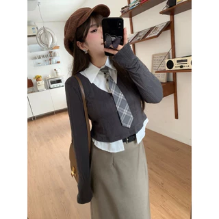 CiCi Plus+(J875)เสื้อแขนยาวไหมพรม ดีเทลเชิ้ตเย็บติดกัน มาพร้อมเนคไทด์ แฟชั่นหน้าหนาว สไตล์สาวพลัสไซส์