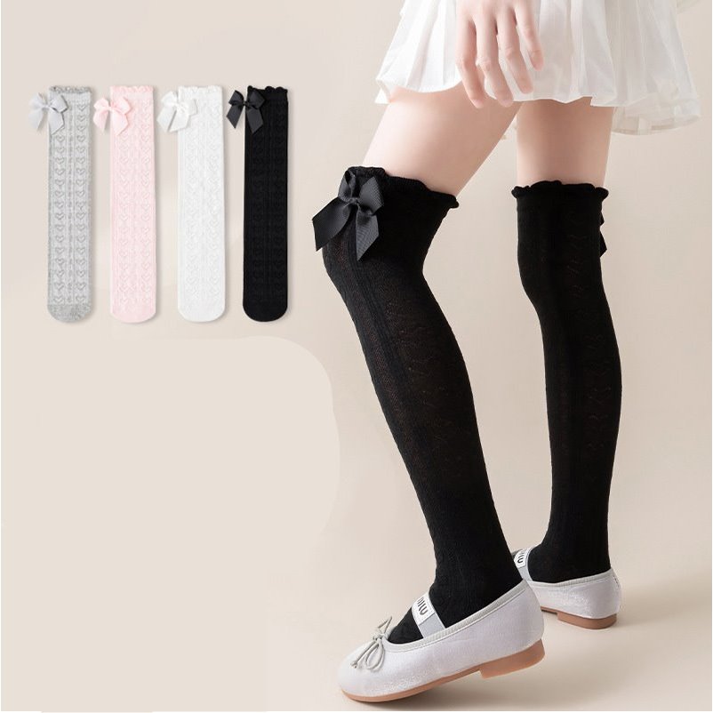 พร้อมส่ง!! ถุงเท้าเด็ก ถุงเท้ายาวติดโบว์น่ารักสไตล์เกาหลี ลายหัวใจ