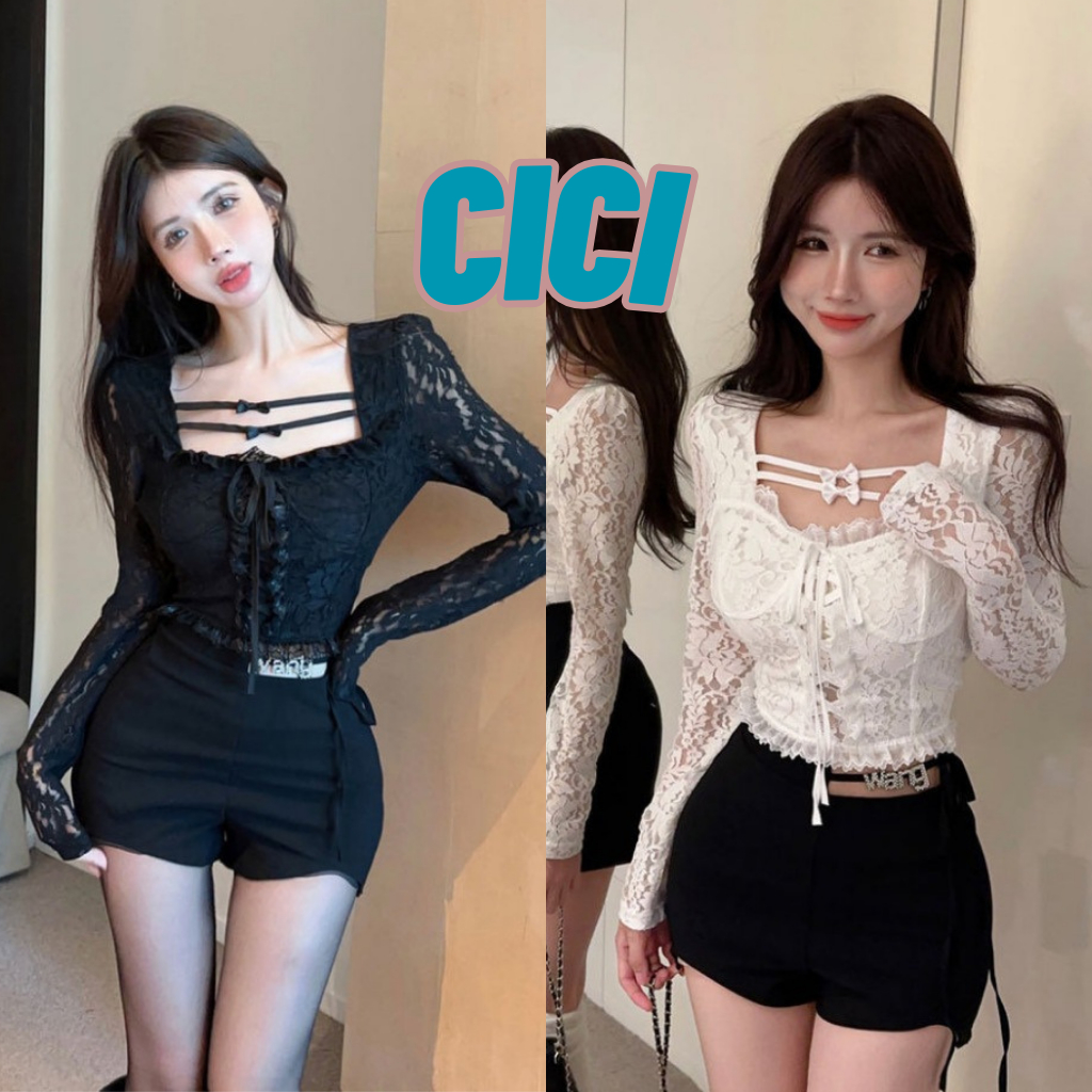 Cici(NO.J0855)เสื้อครอปแขนยาว ฉลุลายดอกไม้ ดีเทลสายคาดอกประดับโบว์ สไตล์สาวเเซ่บ