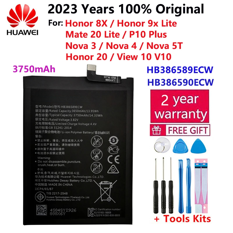 100% ต้นฉบับ Huawei [HB386589ECW] แบตเตอรี่สำหรับ Nova 3/4 P10 / V10 3750mAh เปลี่ยนแบตเตอรี่ด้วยชุดถอดได้