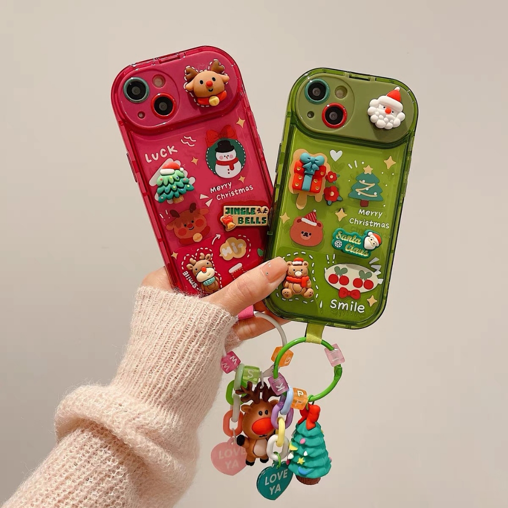 เคสกระจกตั้งได้ ลายคริสต์มาส เคสการ์ตูนนูน OPPO A16 A17 A53 A57 A78 RENO5 RENO7Z RENO8T Reno8z VIVO 