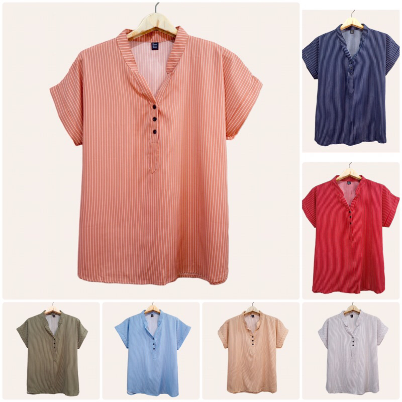 (อก 44”) เสื้อคอจีน เเขนสั้น ลายทางเล็ก ผ้าไหมอิตาลี ไม่ต้องรีด