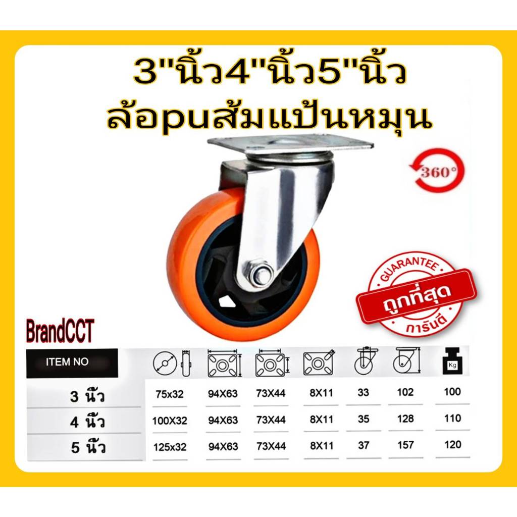 ล้อรถเข็น PU สีส้ม แป้นหมุน ขนาด 3/4/5 นิ้ว (แป้นS)