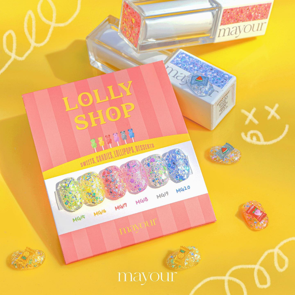 MAYOUR LOLLY SHOP สีกริตเตอร์ 6 เฉดสี สีสันที่ให้ความสนุก และน่ารักสดใส เหมือนร้านลูกกวาดที่วับวาว