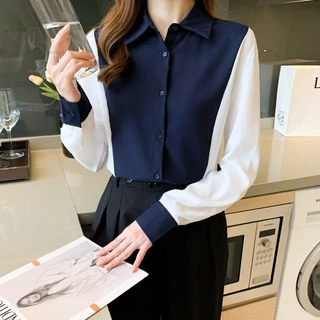 เสื้อเชิ้ตทำงาน สาวอวบ แขนยาว สีกรม สีฟ้า สีดำ คาดขาว มี 3 สี สไตล์เกาหลี