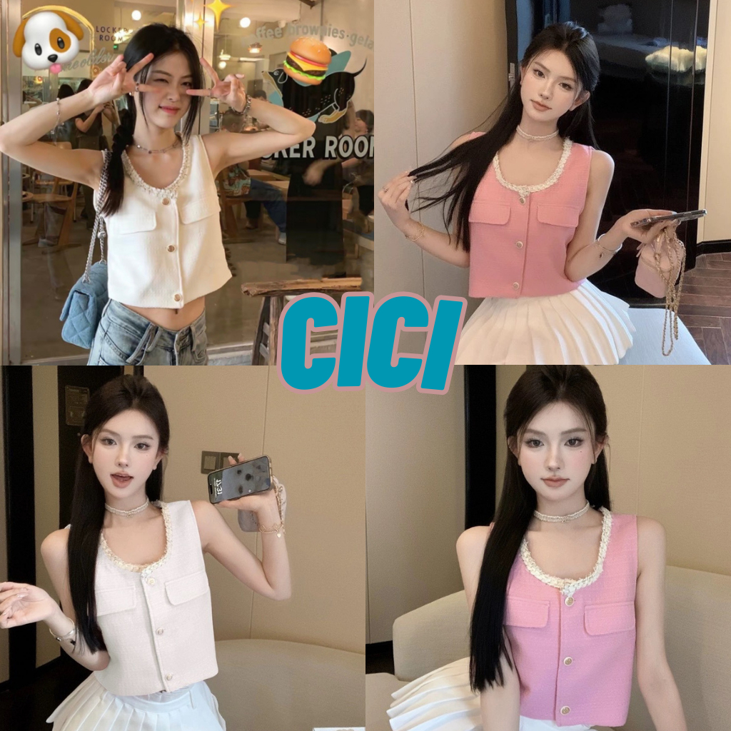 ส่งทันที Cici(NO. 3152)เสื้อแขนกุด ผ้าทวิต กระดุมใช้งานได้จริง ดีเทลกระเป๋าเเต่ง ปักกิมมิครอบคอ สไตล์สาวหวาน