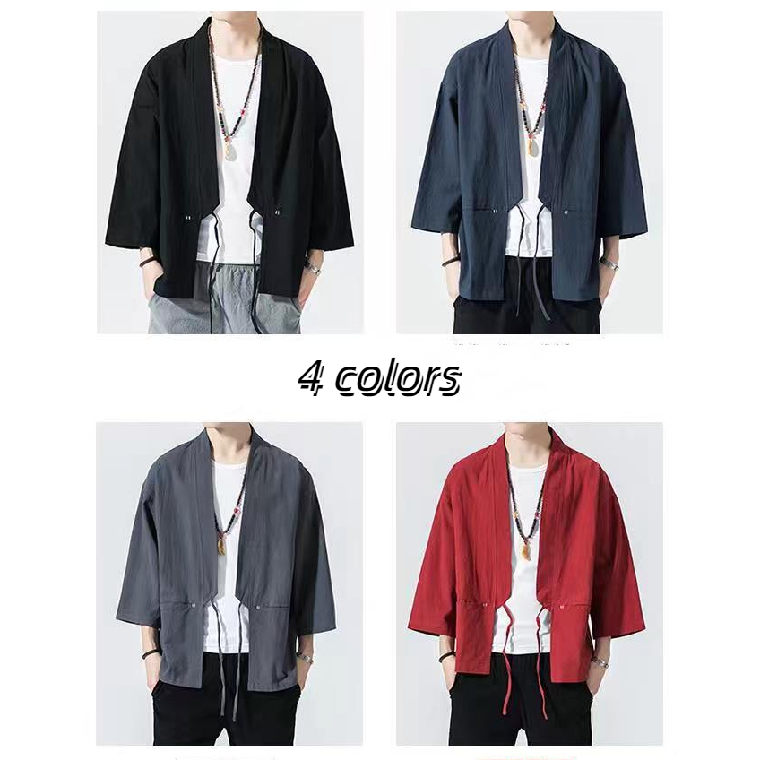 สไตล์จีน เสื้อแขนสามส่วนผู้ชาย Hanfu สไตล์ญี่ปุ่นคาร์ดิแกนเสื้อคลุมกิโมโนผ้าลินินฤดูร้อน M--5XL