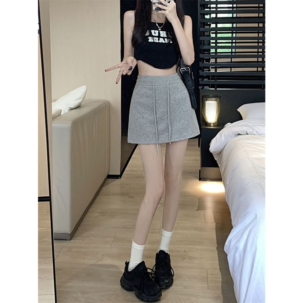 cherryshop🌸กระโปรงแฟชั่น ญ🍓กระโปรงสั้นยืดเอวยางยืดสีเทากระโปรงทรงเอแบบลำลองเอวสูงรัดสะโพกสีดำ - รูปที่ 7