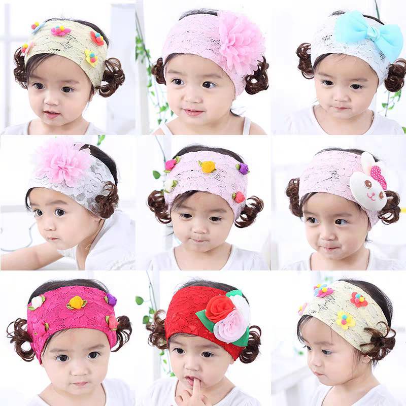 พร้อมส่งในไทย ผ้าโพกหัวมีผม คาดผมเด็กมีปอยผม ผ้าโพกหัวเด็ก ผ้าลูกไม้ลายฉลุ ราคา ถูกที่สุด ดีลบีเคเค แกลเลอรีภาพที่ 2