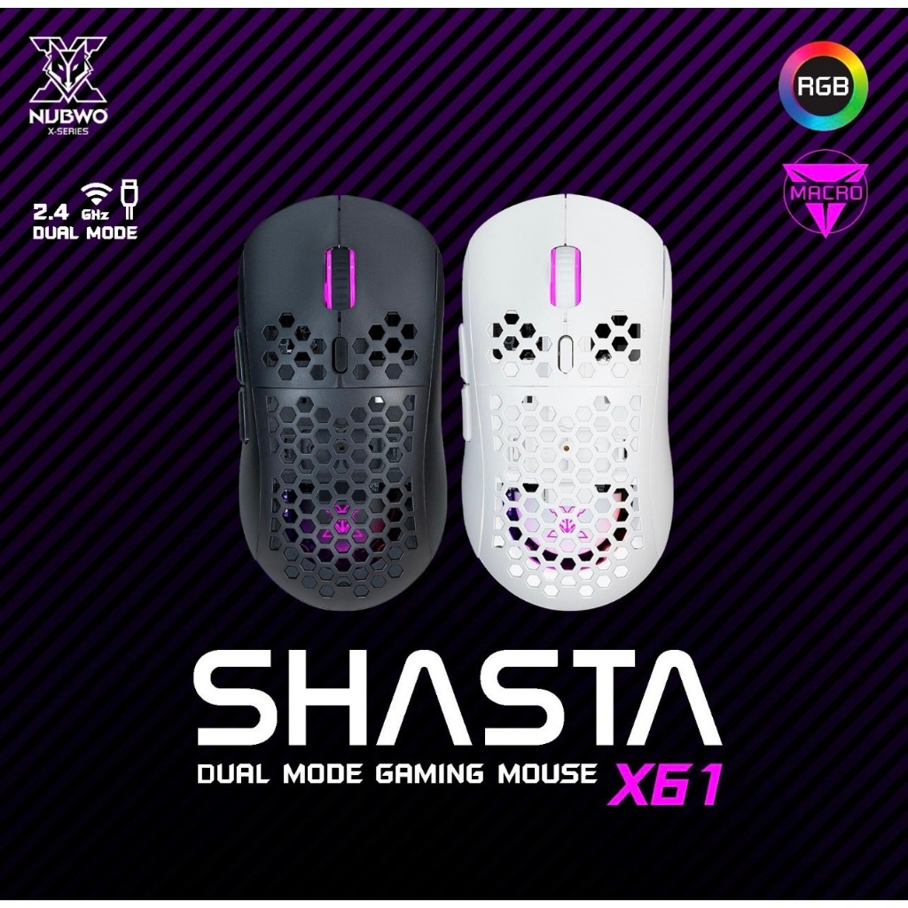 เมาส์ไร้สาย(มาโคร) Nubwo X61 SHASTA Dual Mode 2.4Ghz Gaming Mouse RGB Lighting เมาส์เกมมิ่ง >ประกันศ