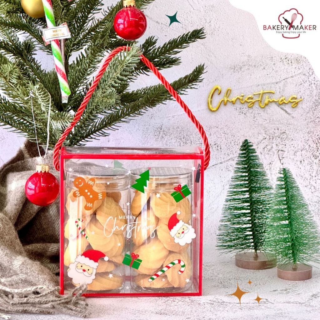 เซ็ทกล่องพลาสติกพิมพ์ลาย X'mas 1 ใบ พร้อมกระป๋องใส 2 ใบ / กล่องใส่คุกกี้ คริสต์มาส
