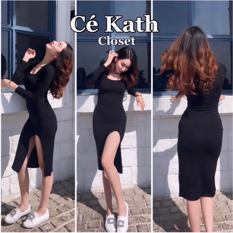 Cekath เดรสแขนยาวผ้าเรย่อนปาดหน้า CK1