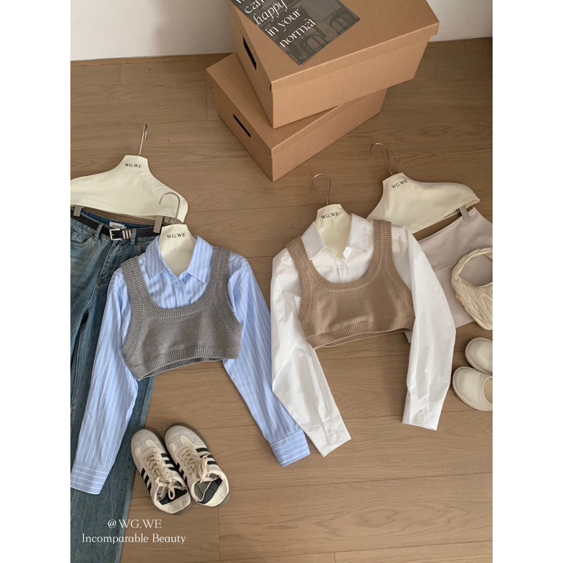 PP63 เสื้อครอปเชิ้ตแขนยาวมาพร้อมกั้กตัวนอก เย็บติดกัน - รูปที่ 6