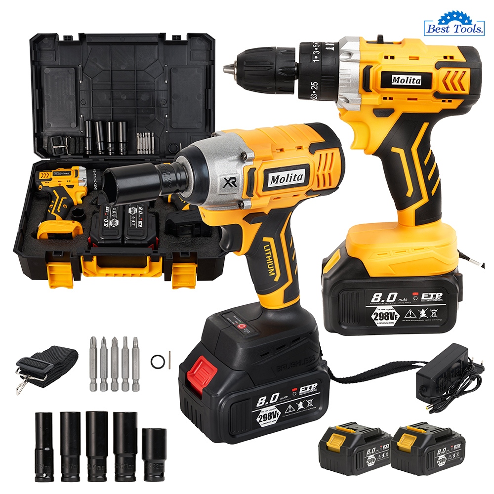 (แพ็คคู่) MOLITA สว่านไร้สาย 3 ระบบ 298V +บล็อกแบต 298V แบตเตอรี่ 2 ก้อน บล็อกไฟฟ้า สว่านกระแทก อุปกรณ์18 ชิ้น สีเหลือง