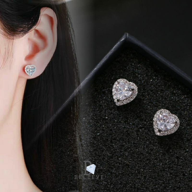 [  HEART ] ต่างหูหัวใจล้อมเพชs ❤ Diamond CZ 18k [ DB18 ]