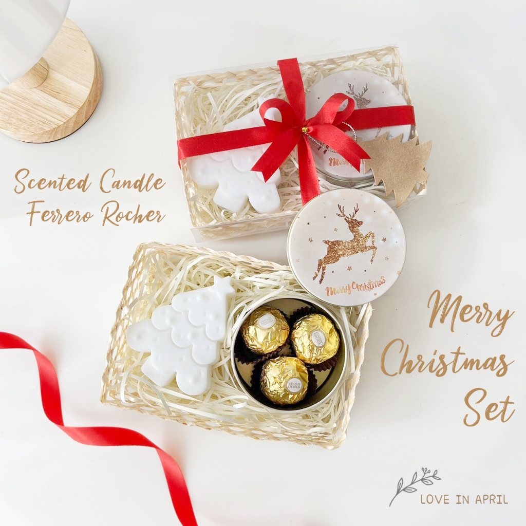 Christmas เทียนหอม ช๊อคโกแลต เฟอร์เรโร่ รอชเชอร์ กล่องลายคริสต์มาส ในชะลอมสานพร้อมโบว์และป้ายแท็ก
