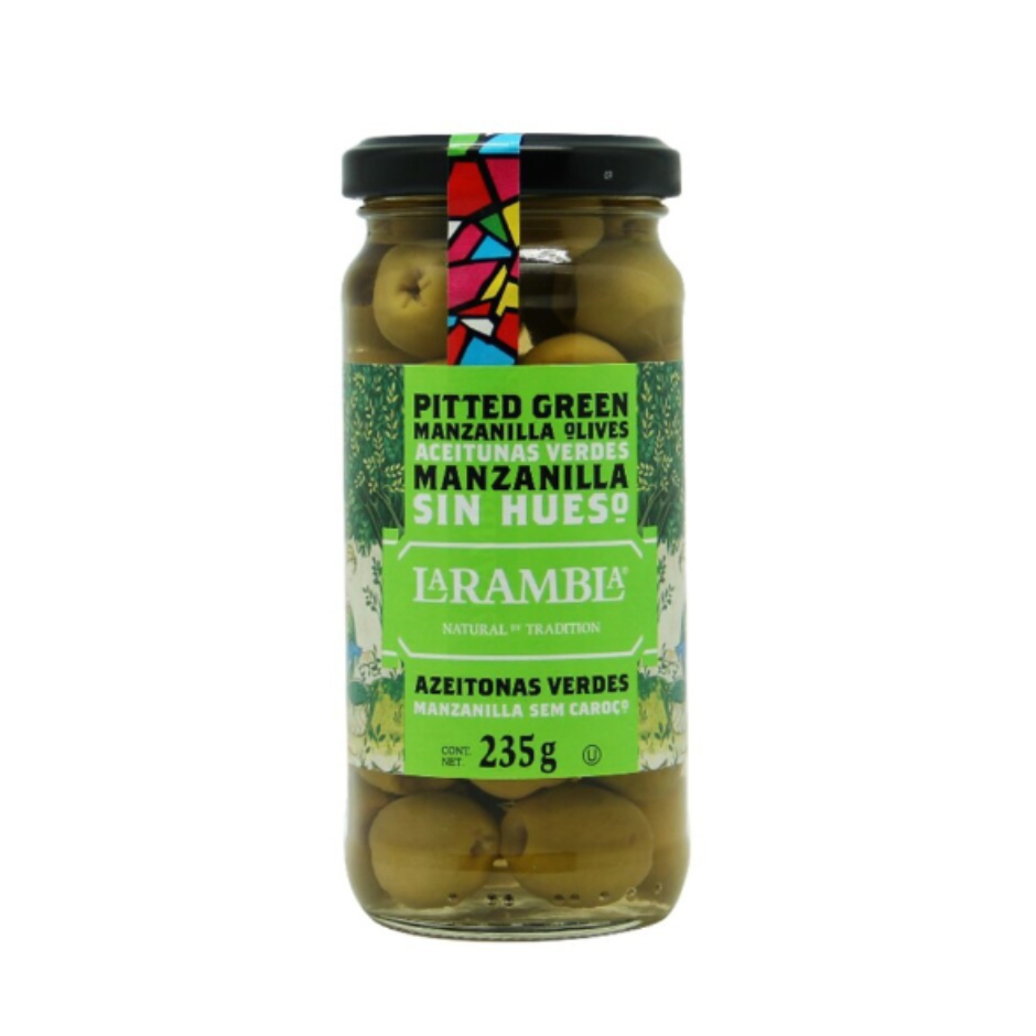 ลา แรมบลา มะกอกเขียวมันซานิลา ไร้เมล็ด 235 กรัม - Green Manzanilla Olives Pitted 235g La Rambla brand