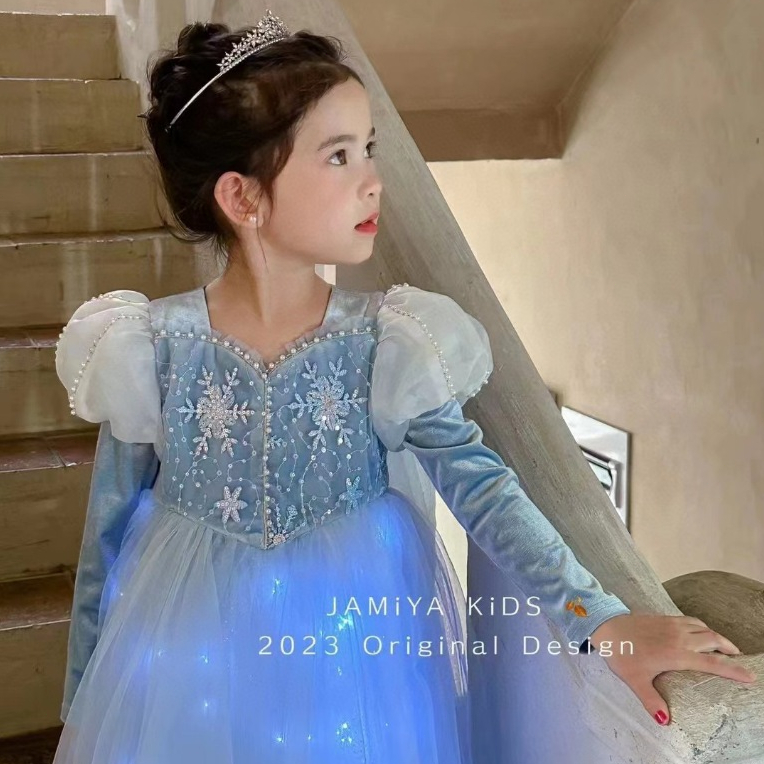 ชุดเจ้าหญิงเด็กโต กระโปรงมีไฟ ชุดเอลซ่า แขนยาว สีฟ้า สำหรับสาวอายุ 8-12 ปี ชุดคอสเพลย์ Disney Frozen Elsa