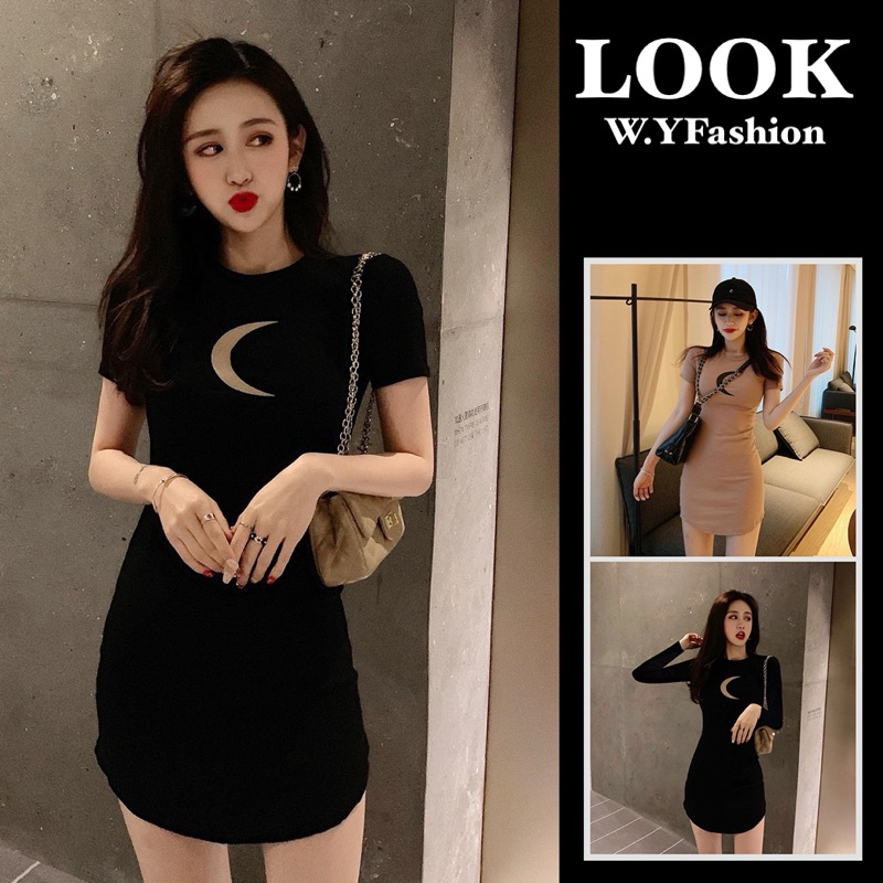 Mini dress งานน่ารักมาก แขนสั้นและแขนยาวแต่งลายพระจันทร์ งานผ้าเรียบ เนื้อผ้านิ่มมาก ยืดหยุ่นได้ No.375-339