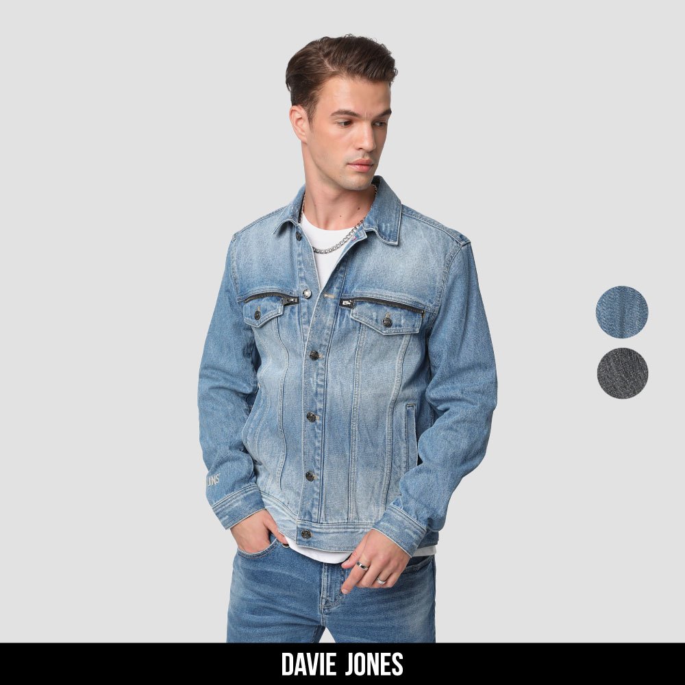 DAVIE JONES เสื้อแจ็คเก็ต ยีนส์ Slim Fit Denim Jacket JK0025 สีฟ้า ดำ