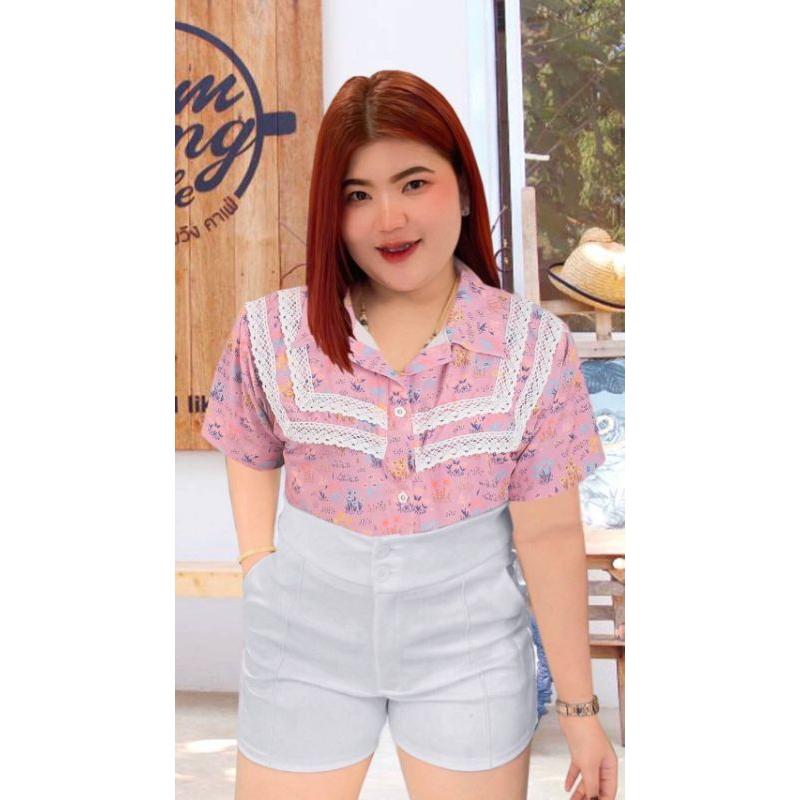 RN203.เสื้อเชิ๊ตสาวอวบลายดอกหญ้าแต่งลูกไม้ถักเหลี่ยม2ชั้น หน้าผ้า50งานสวย - รูปที่ 4