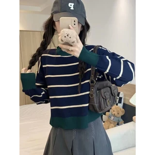 💕Miki-Shop*พร้อมส่ง*เสื้อแขนยาวไหมพรม ทรงหลวมตัดสีแมทได้ทุกสไตล์ผู้หญิง2693*
