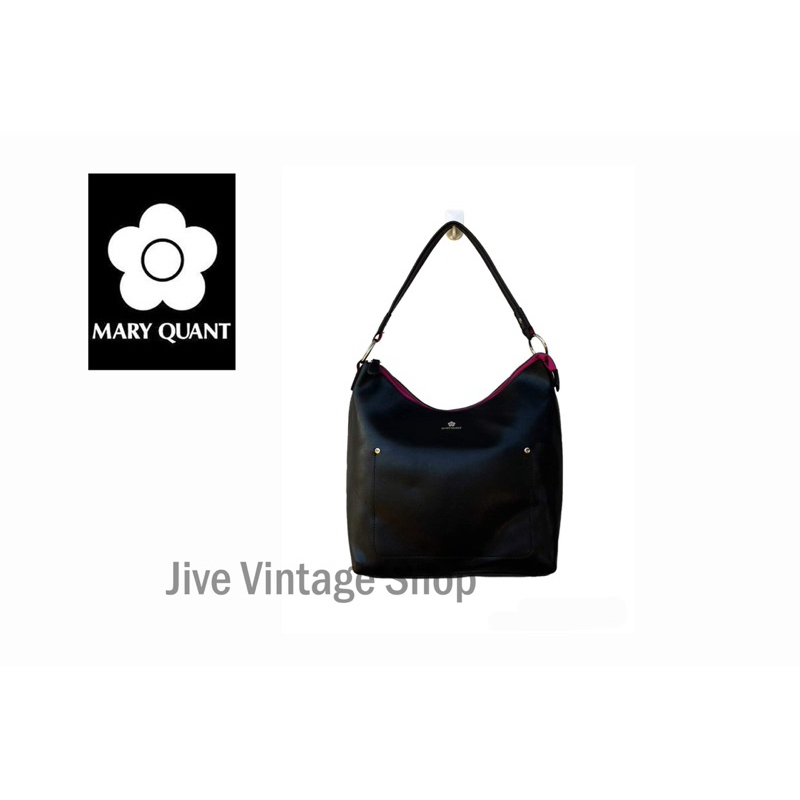 กระเป๋าสะพายไหล่ shoulder bag แบรนด์ Mary Quant London หนัง pu สีดำ ทรงสวย เรียบ หรู มือสอง สภาพดี จากตู้ญี่ปุ่น