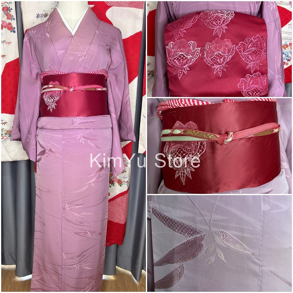 พร้อมส่ง Set Kimono กิโมโน สีชมพูอมม่วง มือสองของแท้จากญี่ปุ่น