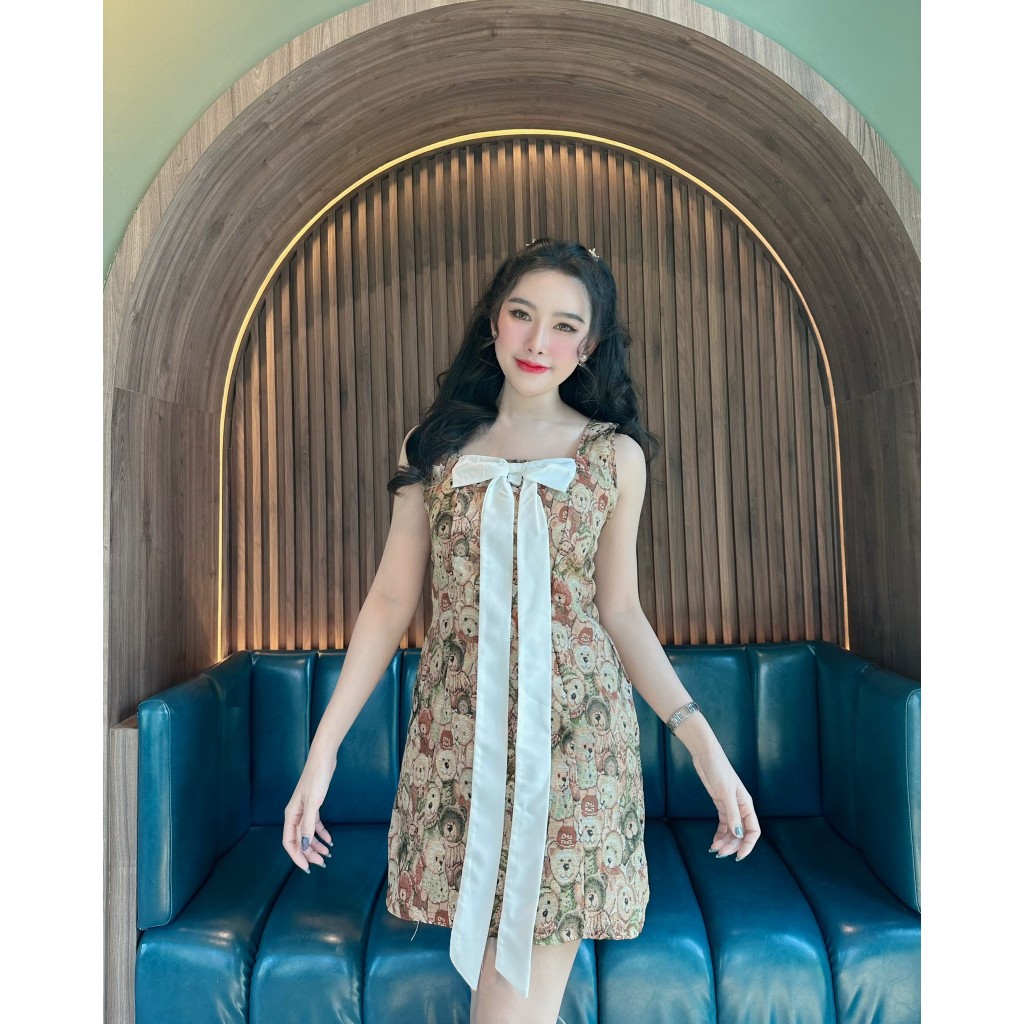 เดรสผ้าทอลายหมีแต่งโบว์หน้าซิปหลัง  ( C13,C33 )  A2344
