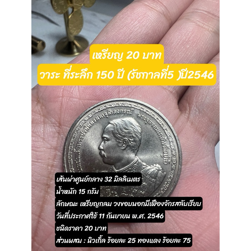 เหรียญ 20 บาท วาระ ที่ระลึก 150 ปี รัชกาลที่5 ปี2546 (ไม่ผ่านใช้งาน)