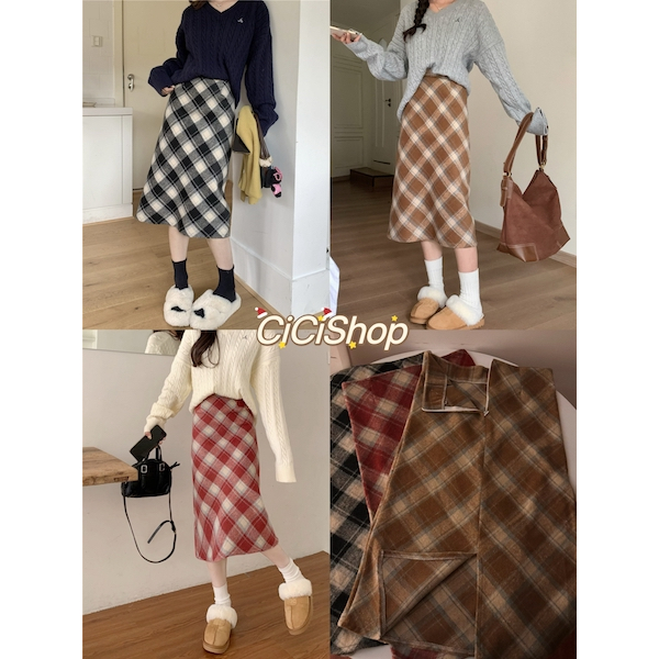 Cicishop(27038-1)กระโปรงยาว ผ้าสักหลาด ลายสก็อต ผ้านุ่ม สไตล์เกาหลี