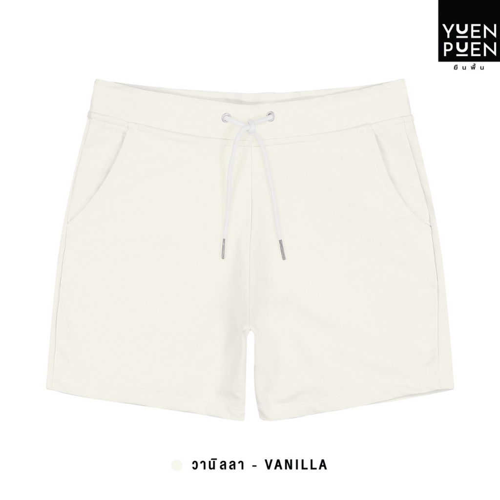 YuenPuen ยืนพื้น กางเกงขาสั้น สีวนิลลา รุ่น French Terry ผ้าเกล็ดปลา ยืดหยุ่น นุ่มอยู่ทรง