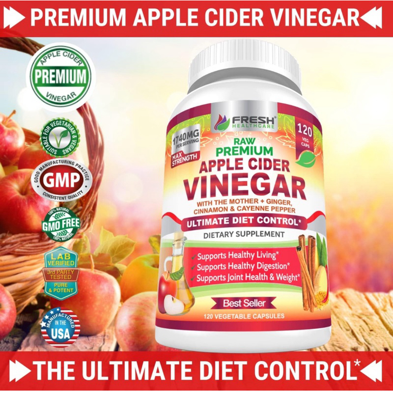 Apple Cider Vinegar Capsules Max 1740mg with Mother - 100% Natural &amp; Raw with Cinnamon - Detox and Digestion -120 pills