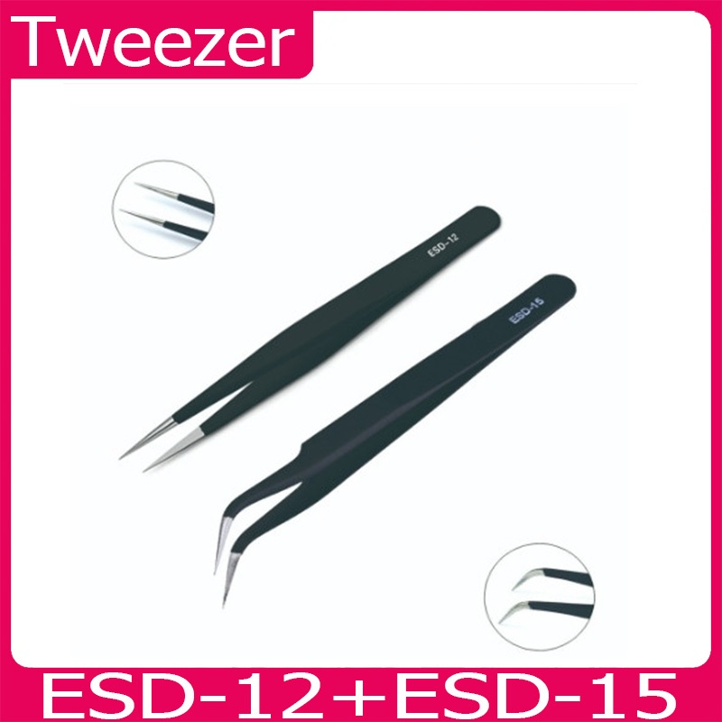 คีมสแตนเลสสีดำแม่นยำแหนบปลายตรงโค้ง ESD-12 ESD-15 ป้องกันไฟฟ้าสถิต