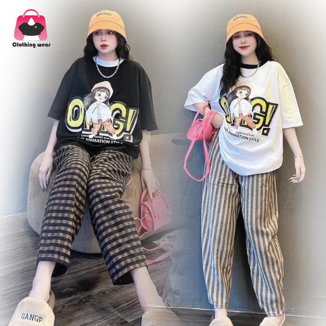 S152 ชุดเซ็ท2ชิ้น สกรีนลายการ์ตูนเด็กผู้หญิง OMG กางเกงขายาวไม่มีกระเป๋า