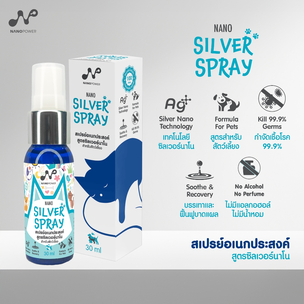NANO POWER สเปรย์ซิลเวอร์นาโน 30 มล.สำหรับสัตว์เลี้ยง - SILVER NANO - 100 PPM