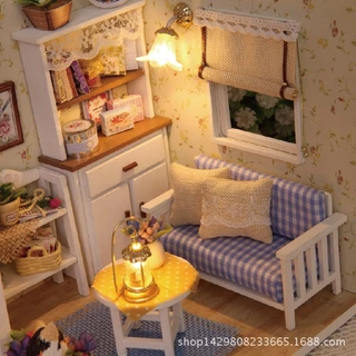 Lepton ของเล่น: ชุดโมเดลบ้านตุ๊กตาไม้ทำมือ DIY ชุดบ้าน แถมฟรี ฝาครอบกันฝุ่นพร้อมไฟ LED