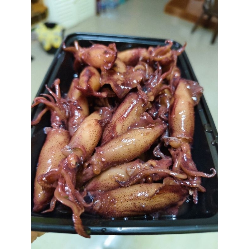 หมึกกระตอยปนไข่ต้มหวานน้ำดำขนาดก่อนต้ม600กรัม(ปนไข่)12-18