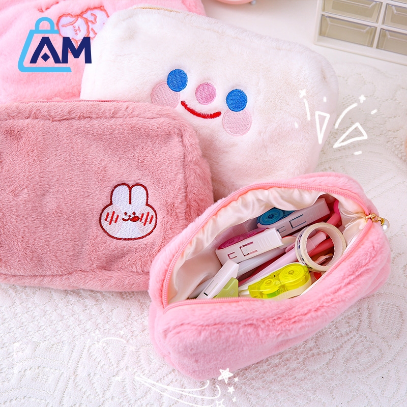 AmBag กระเป๋าเครื่องสําอาง กระเป๋าใส่เครื่องเขียน ผ้ากํามะหยี่ขนนุ่ม ปักลายน่ารักสุดคิวท์ สําหรับผู้หญิง