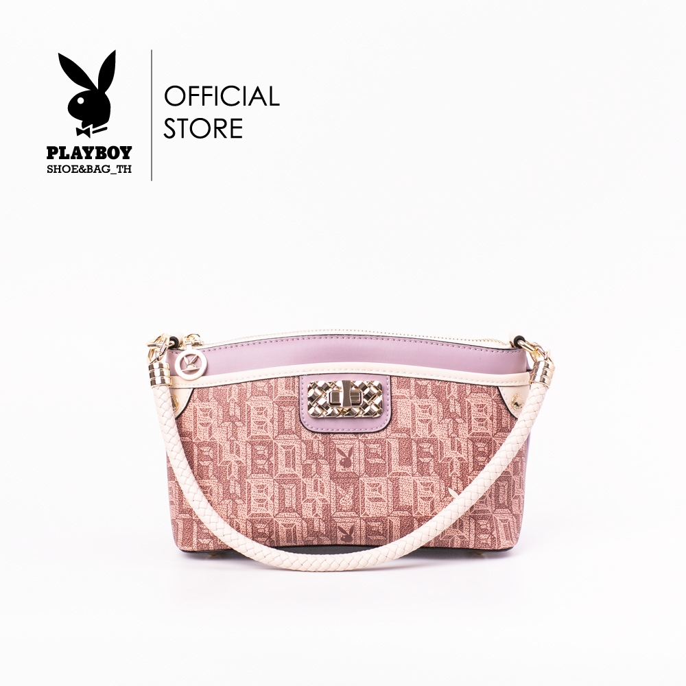 Playboyกระเป๋าสะพายข้างผู้หญิง รุ่นST-B234PB548 ดีไซน์กระเป๋าพิมพ์ลายโลโก้ซิปบนสายสะพายถักปล้อง มี 2 สี สีครีมและสีม่วง