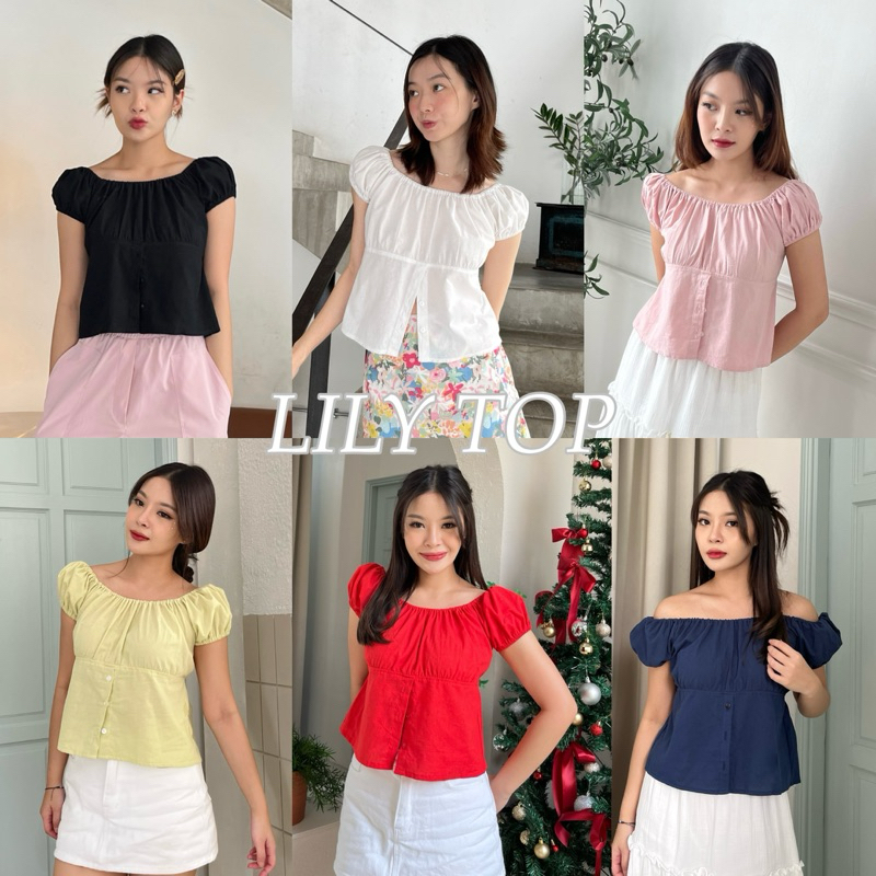 LILY TOP - เสื้อปาดไหล่แขนตุ๊กตา ยืดได้เยอะ ปลายกระดุมใส่ได้2แบบ (nita.bkk)