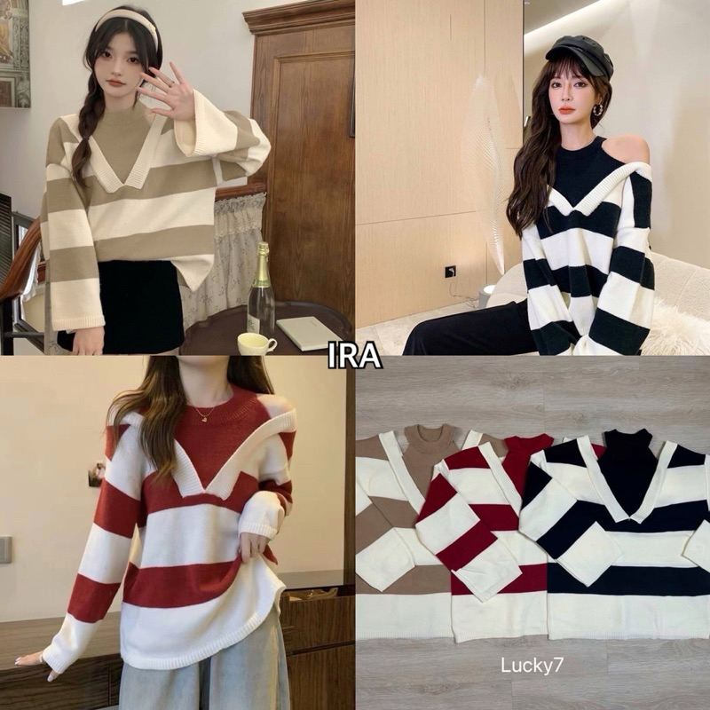 BY IRA เสื้อไหมพรมถักลายริ้ว ทรงหลวม แขนยาวเปิดไหล่สไตล์เกาหลีเกาใจ