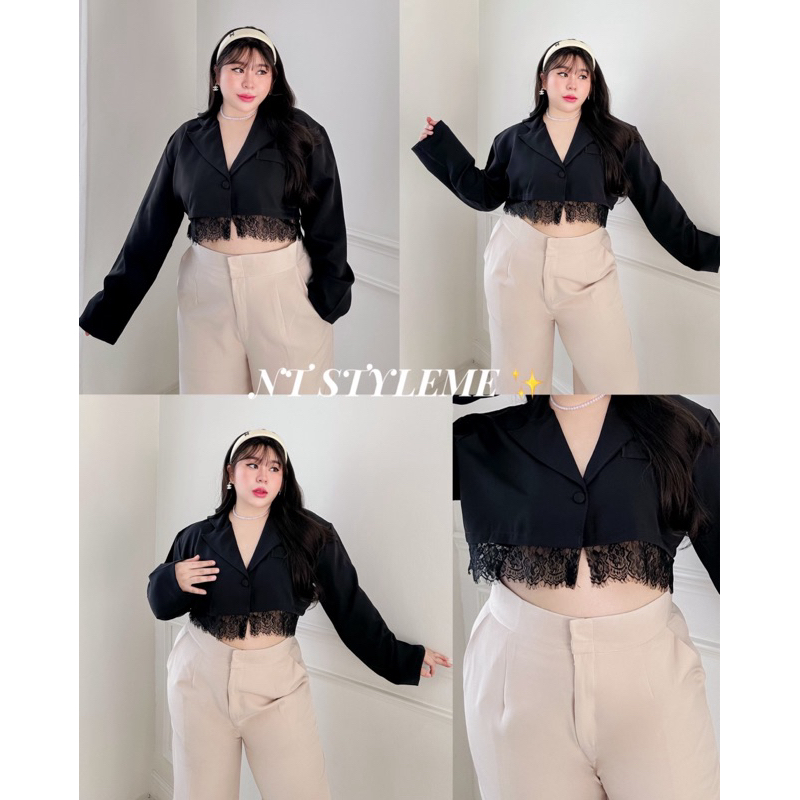 เบเซอร์ครอปแขนยาวแต่งชายเสื้อลูกไม้สุดเซ็กซี่ “สาวอวบ”อก 50“ B01