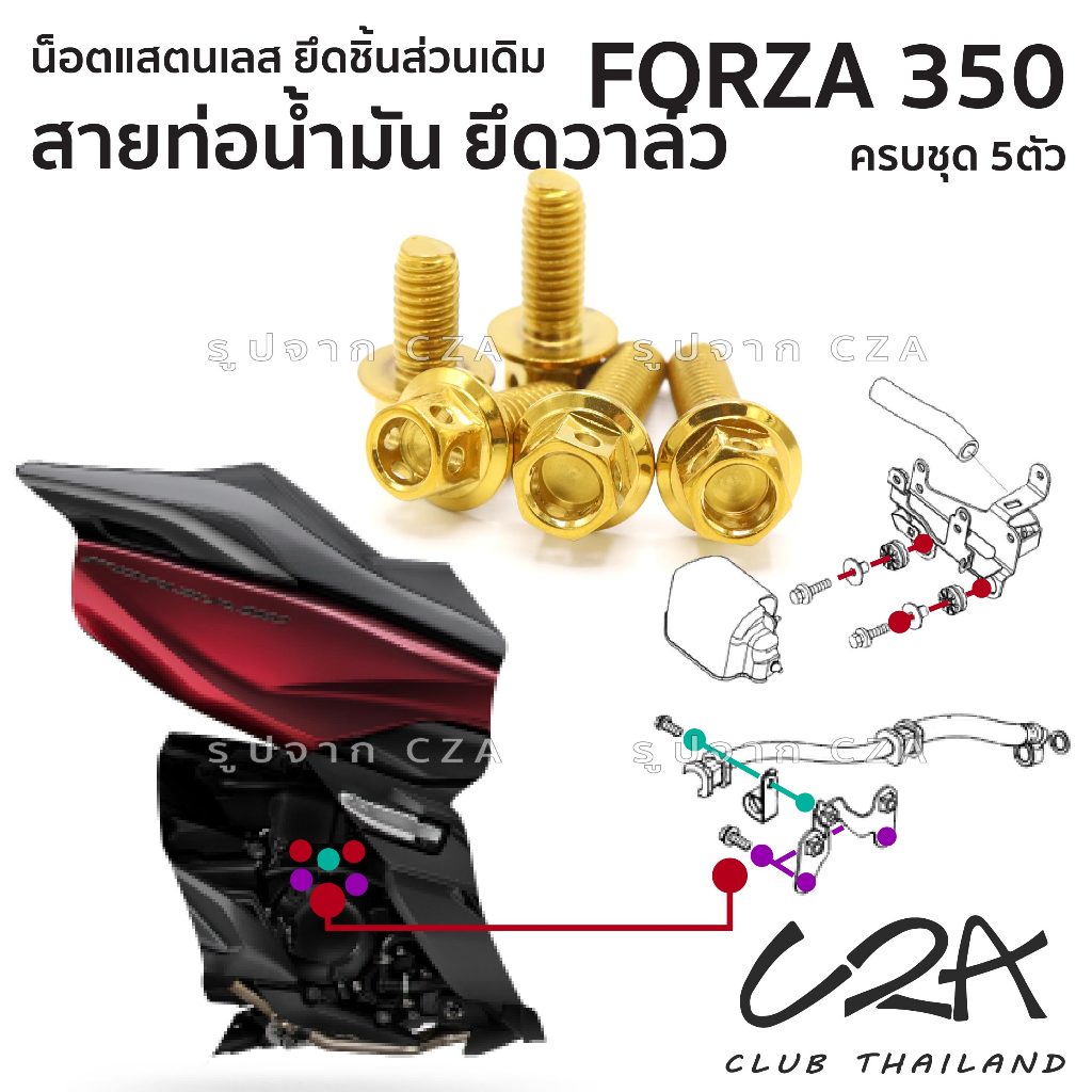 ชุดน็อตเลส ยึดท่อน้ำมันเบรค ยึดวาล์ว FORZA350 งานสแตนเลส ชุดสี แคมป์ท่อน้ำมัน FORZA350 งานเลสแท้ ราคาชุด 5 ตัว